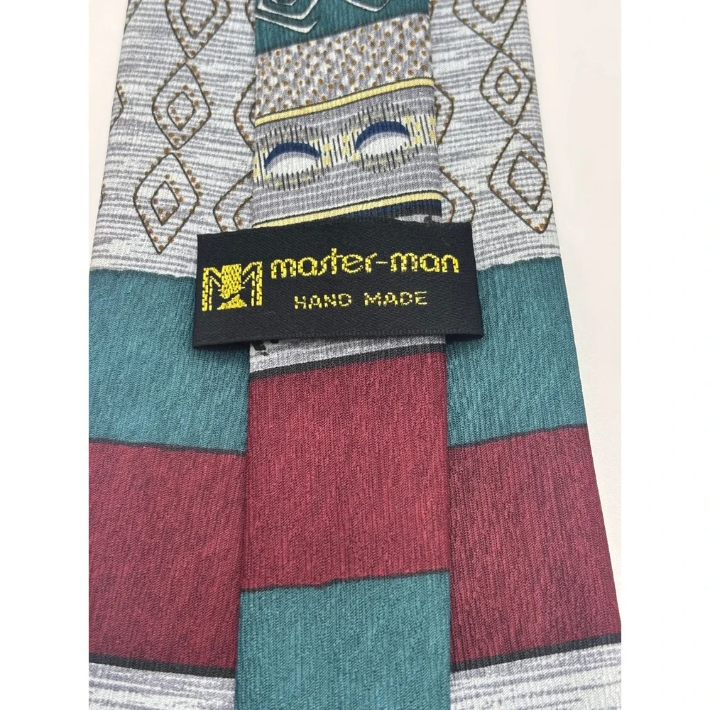 Master-Man Vintage Hand Made Necktie Teal Burgundy Geometric Abstract Pattern